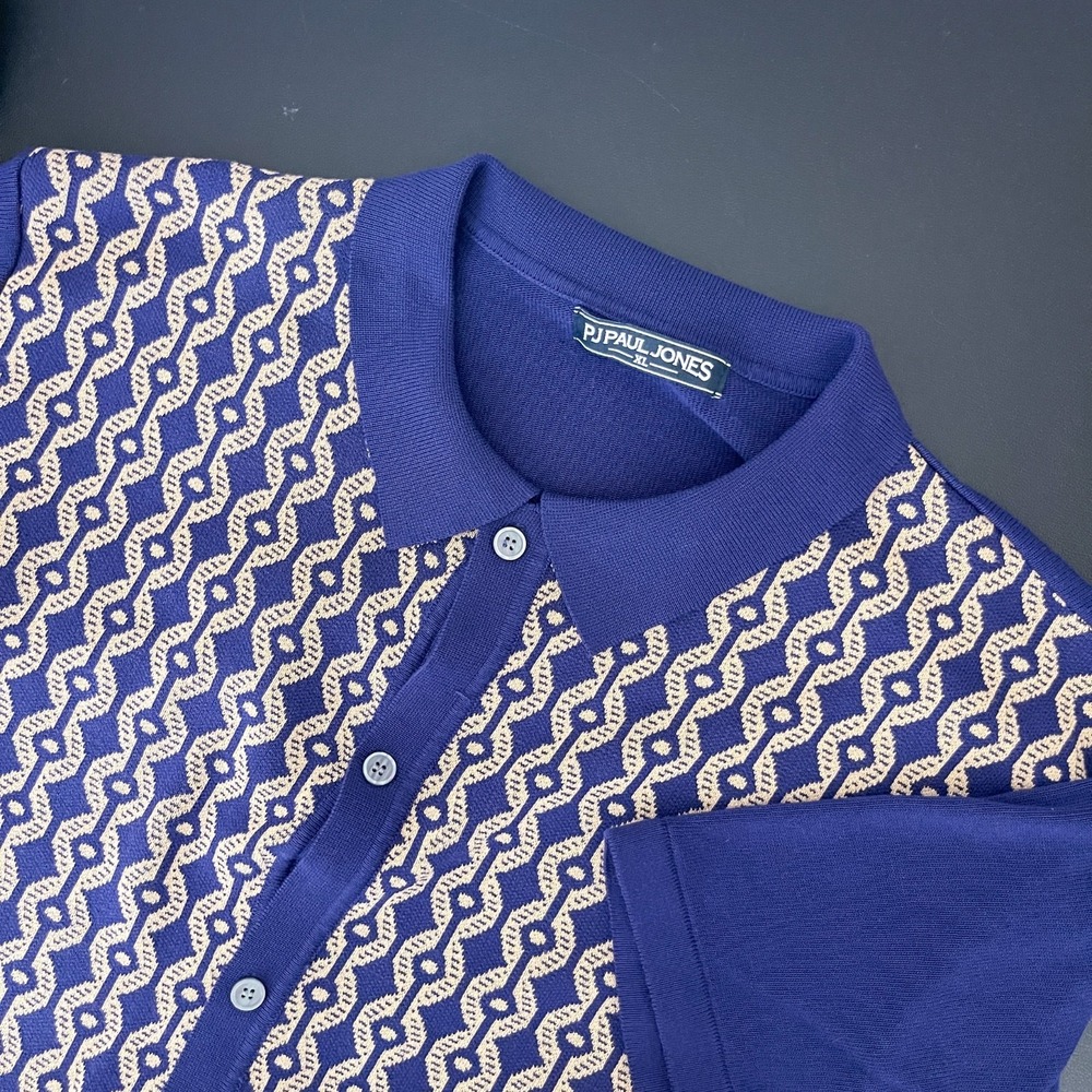PJ Paul Jones Shirts Mens XL Blue Button Up Short Sleeve Knit Retro Rockabilly